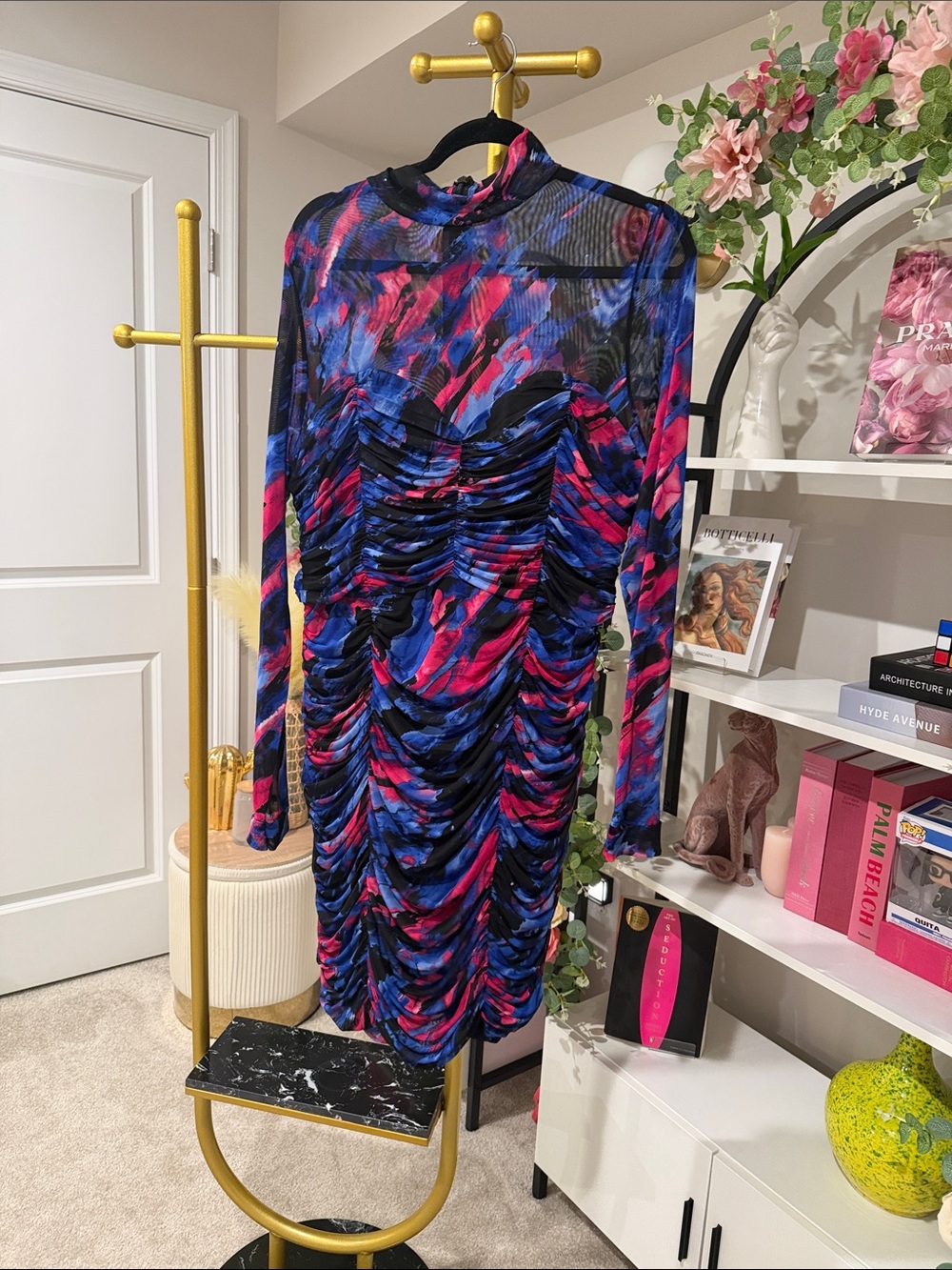 City Chic Ruched Long Sleeve Abstract Midi Dress in Blue & Pink